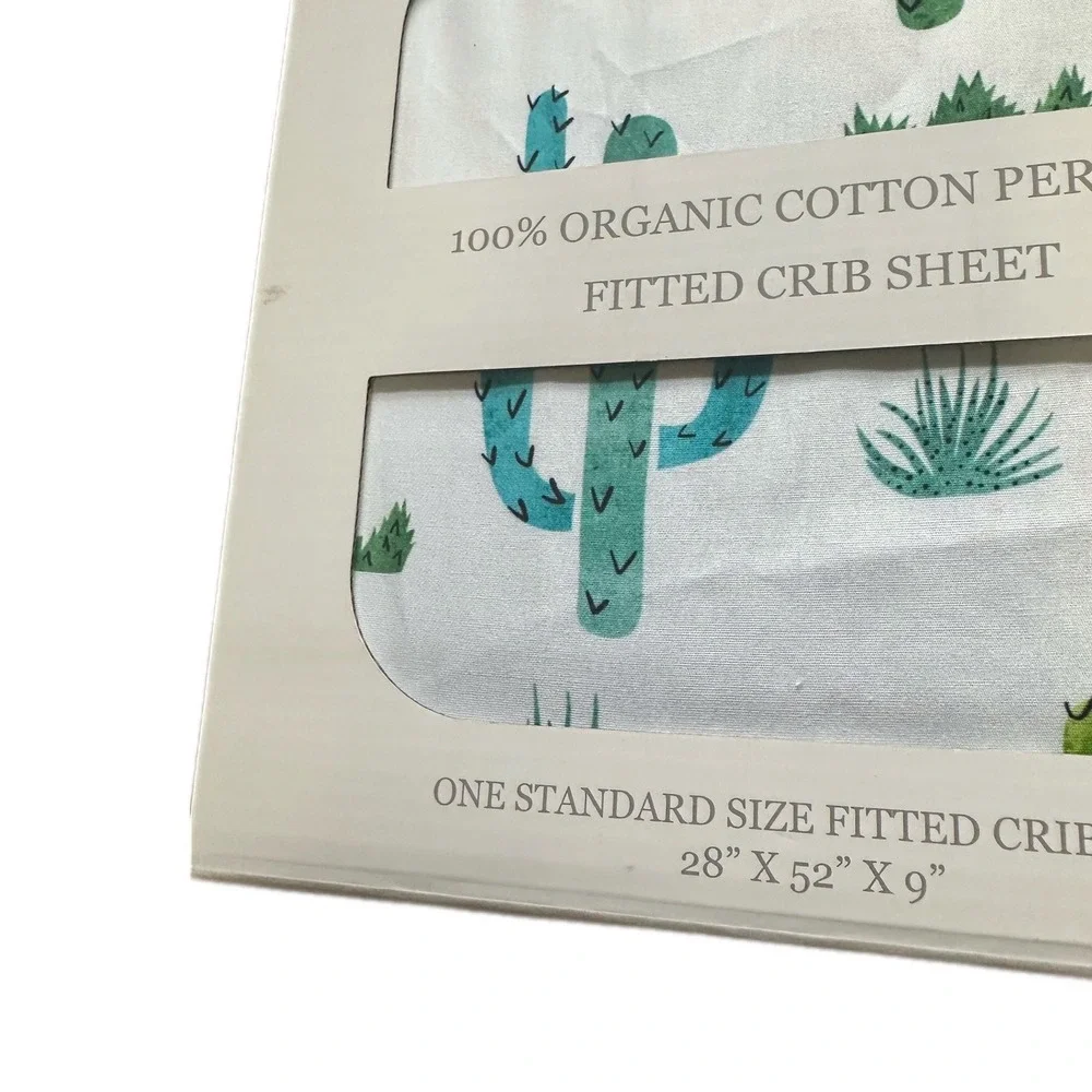 Addison Belle‎ Organic Cotton Percale Fitted Crib Sheet Cactus Print White Green